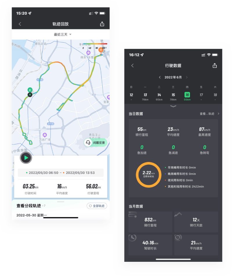 摩旅足迹 提供全面的行驶数据统计报告，查询自定义时间段骑行轨迹，随时回放摩旅每一个精彩瞬间。